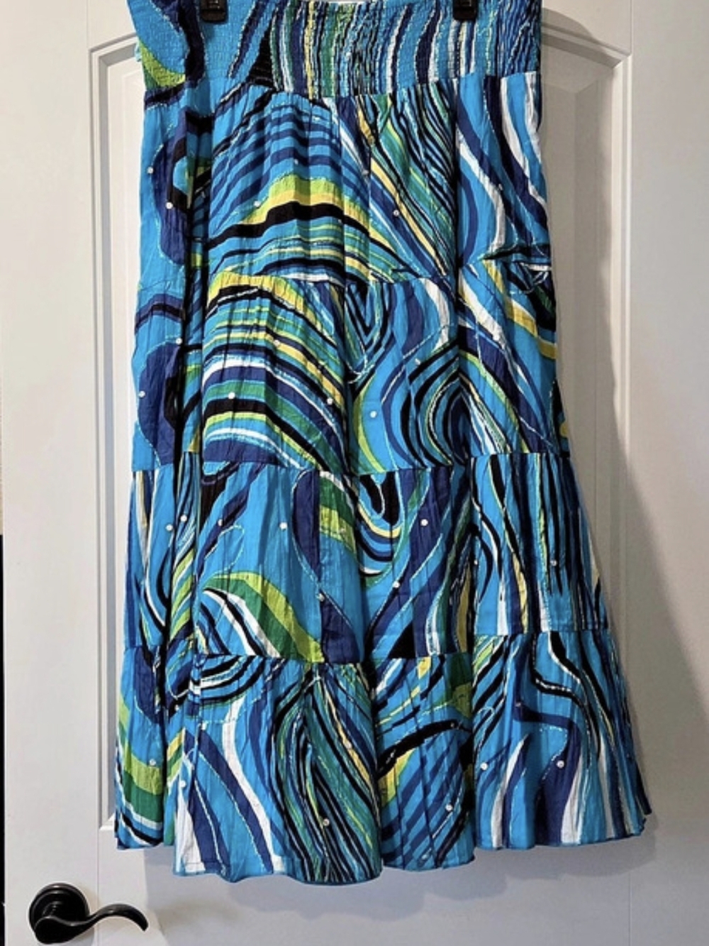 Women's Abstract Print Broom Tier Skirt in Blue & Green 3X